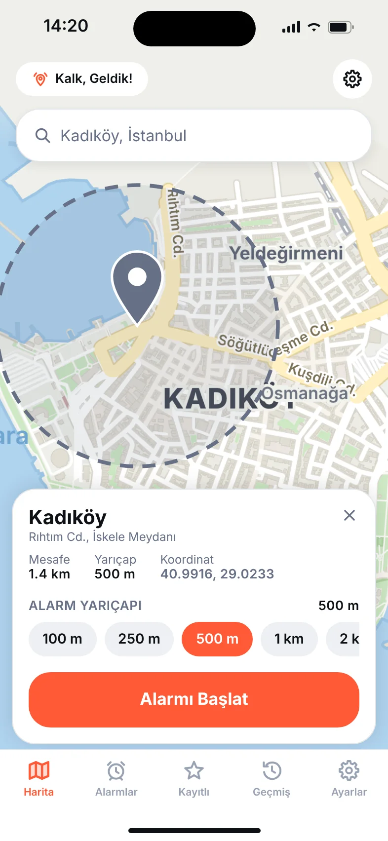Haritada Kadıköy hedefi ve 500 metrelik alarm alanı seçimi